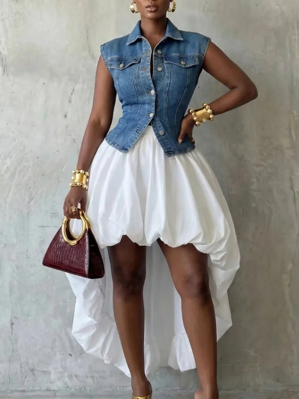 White Casual Women's Elegant High-Low Hem Skirt